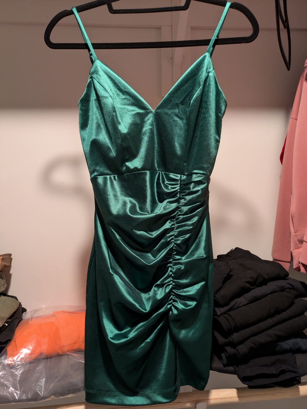 Emerald Sundae Shimmering Emerald Satin Ruched Mini Dress